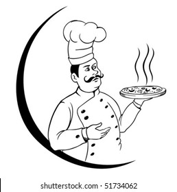 chef and pizza in a white background