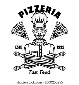Chef of pizzeria vector emblem, badge, label or logo in vintage monochrome style isolated on white
