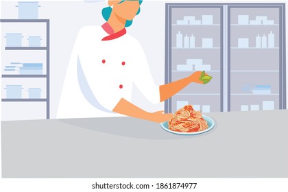chef is placing a finishing touch to a recipe just prepared