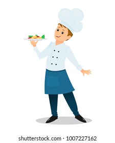 Chef with a plate of dinner. Cartoon style. Vector illustration.