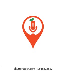 Plantilla de diseño del logotipo del concepto del pin de forma del mapa del podcast del chef. vector de diseño del logotipo de educación del chef	