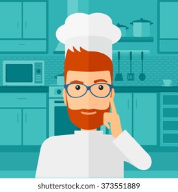 Chef pointing forefinger up.