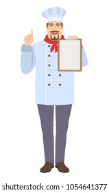 Chef pointing up and holding clipboard. Full length portrait of Chef in a flat style. Vector illustration.