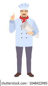 Chef pointing up and holding the project plans.  Full length portrait of Chef in a flat style. Vector illustration.