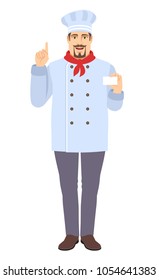 Chef  pointing up and showing the business card. Full length portrait of Chef in a flat style. Vector illustration.