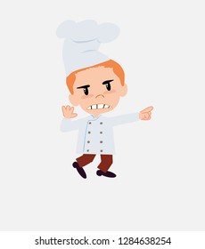 Chef points angrily to his left.