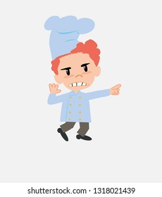 Chef points angrily to his left.