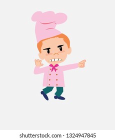 Chef points angrily to his left.