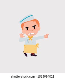 Chef points angrily to his left.