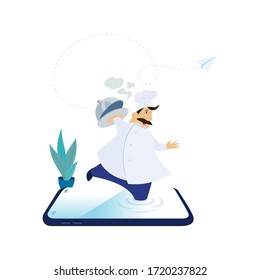 Chef pop out of smartphone and serving food.