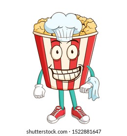 chef of popcorn cartoon character bring a napkin with funny smile face
