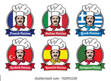 Chef portrayed in different cuisines of the world Vector illustration 