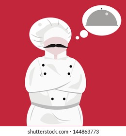chef in position with hands folded white dress and hat with black mustache thinking on a saucer on red background.