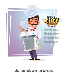 chef with pot in his hand tasting the food smell. character design - vector illustration