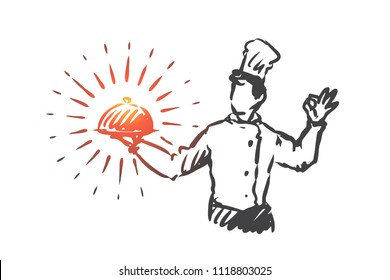 Chef, pot, meal, restaurant concept. Hand drawn chef in restaurant with pot of meal in hand concept sketch. Isolated vector illustration.