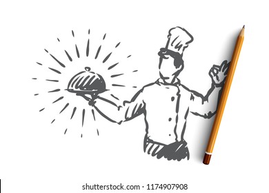 Küchenchef, Topf, Mahlzeit, Restaurantkonzept. Handgezeichneter Küchenchef im Restaurant mit Topf mit Mahlzeit in Handkonzept Skizze. Isolierte Vektorgrafik.