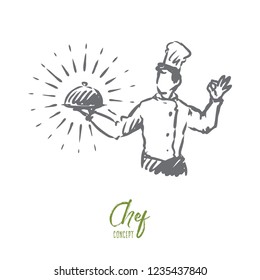 Chef, pot, meal, restaurant concept. Hand drawn chef in restaurant with pot of meal in hand concept sketch. Isolated vector illustration.