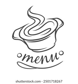 Chef pot with steam and Menu text icon, restaurant retro logo design. Funny doodle saucepan with tasty smell of chiefs dish, gourmet hot food. Handwritten lettering Menu icon vector illustration