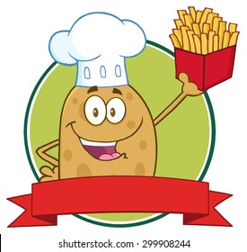 Chef Potato Cartoon Character Circle Banner. Vector Illustration Isolated On White