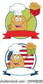 Chef Potato Cartoon Character Circle Banners. Vector Collection Set Isolated On White