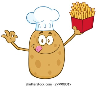 Chef Potato Cartoon Character Gesturing Ok And Holding Fries. Vector Illustration Isolated On White
