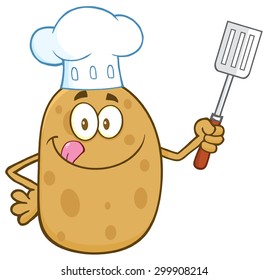 Chef Potato Character Licking His Lips And Holding A Spatula. Vector Illustration Isolated On White