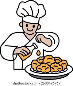 A chef is pouring oil on a plate of food. The chef is smiling and he is enjoying his work. The plate of food is full of fried food, and the oil is being poured over it