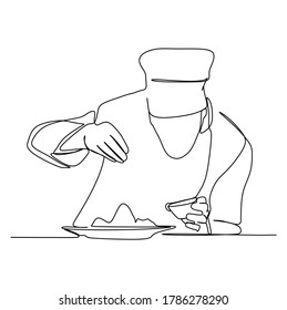 A chef pours condiments to the dish and do the garnishing. Continuous one line drawing. Vector illustration