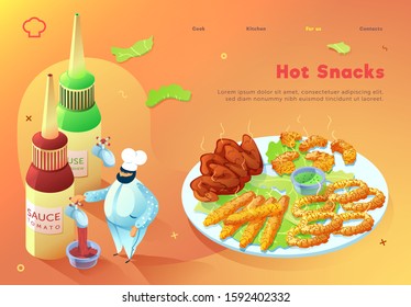 Chef pours sauce for hot appetizer. Web site concept. Colored spots on bright gradients.
