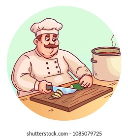 The chef prepares a dish in the kitchen. Cartoon style.