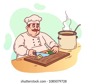 The chef prepares a dish in the kitchen. Cartoon style.