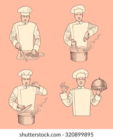 The chef prepares the food. Design set. Hand drawn engraving. Vector vintage illustration. 8 EPS
