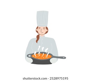 Chef prepares food in flat style. Man, kitchen, food. Hand drawn vector illustration.