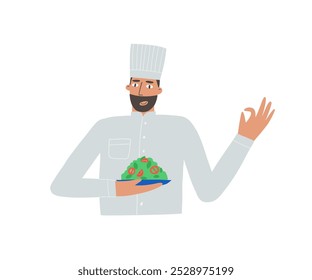 Chef prepara a comida em estilo plano. Cara, cozinha, comida. Ilustração de vetor desenhada à mão.