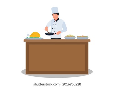 The Chef Prepares The Food. Fried In A Frying Pan At The Kitchen Table, Holding A Wooden Spoon In His Hands. Vector Illustration Of A Flat Design.