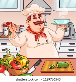 The chef prepares food in the kitchen. Cartoon style.