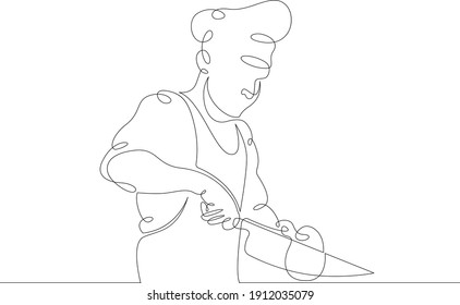 El chef prepara comida en la cocina. Cocina en uniforme con utensilios de cocina en el trabajo.Un logo de línea de dibujo continua con un doodle de arte dibujado a mano aislado de mínima ilustración.