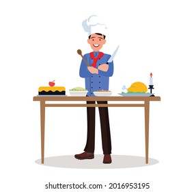 The chef prepares the food. Vector illustration of a flat structure.