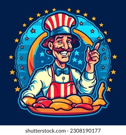 The chef prepares a hot dog or a sandwich. American style celebration. Cartoon vector illustration. isolated background, label, sticker