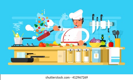 Chef prepares in kitchen