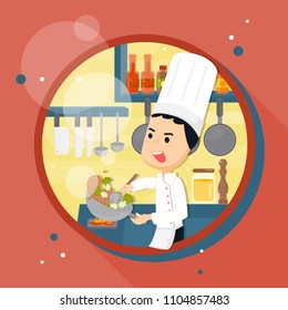 Chef prepares in kitchen. Character design.