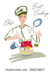The chef prepares the main dish of the day. Vectral illustration, full color.