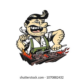 The Chef prepares meat on the barbecue. vector illustration.