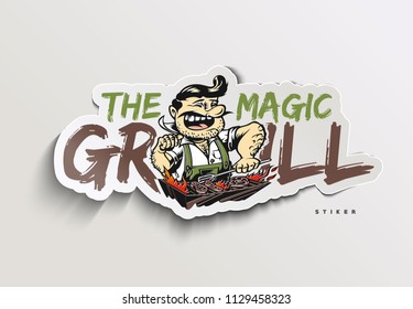The Chef prepares meat on the barbecue. stiker vector illustration.
