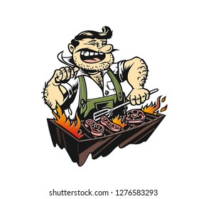 The Chef prepares meat on the barbecue. vector illustration.