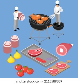 El chef prepara carne en el concepto de vectores isométricos 3d de barbacoa para banner, sitio web, ilustración, página de aterrizaje, volante, etc.