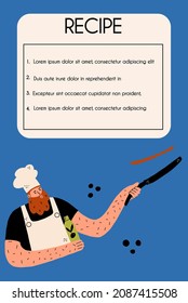 The chef prepares pancakes. Flyer for recipes, cafes, restaurants. Vector illustration in a flat style.