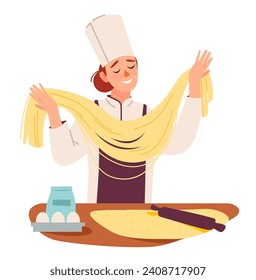 Chef prepares pasta dough. Food maker rolling homemade dough at restaurant kitchen. Flat vector illustration