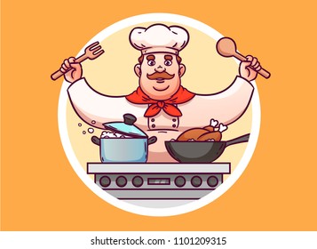 The chef prepares at the stove. The image is suitable for restaurants, cafes, restaurants, menus.