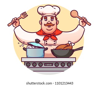 Der Küchenchef bereitet sich am Ofen vor. Das Bild eignet sich für Restaurants, Cafés, Restaurants, Menüs.